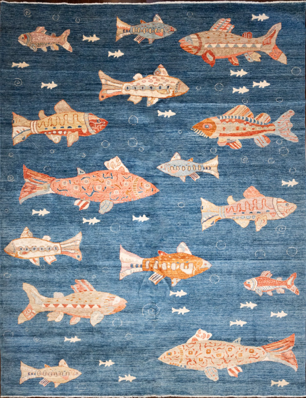 Hand-Knotted Coral Fish On Blue Background 9x12 Wool Rug – Christiane Millinger Handmade Rugs