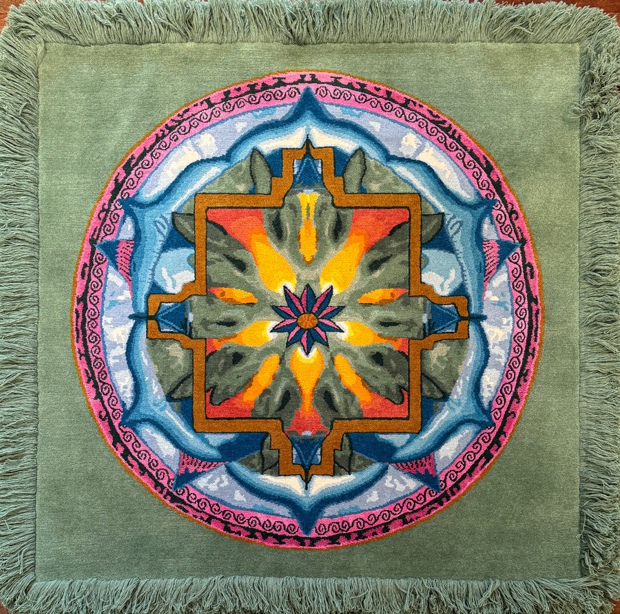 Green Mandala Meditation Rug With Traditional Fringe