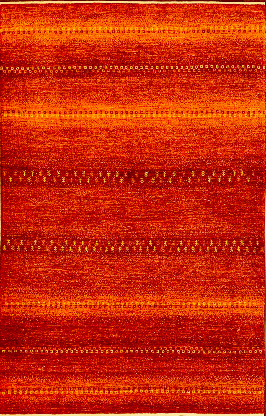 Tribal 4x6 Persian Gabbeh Rug in Red and Amber Tones.