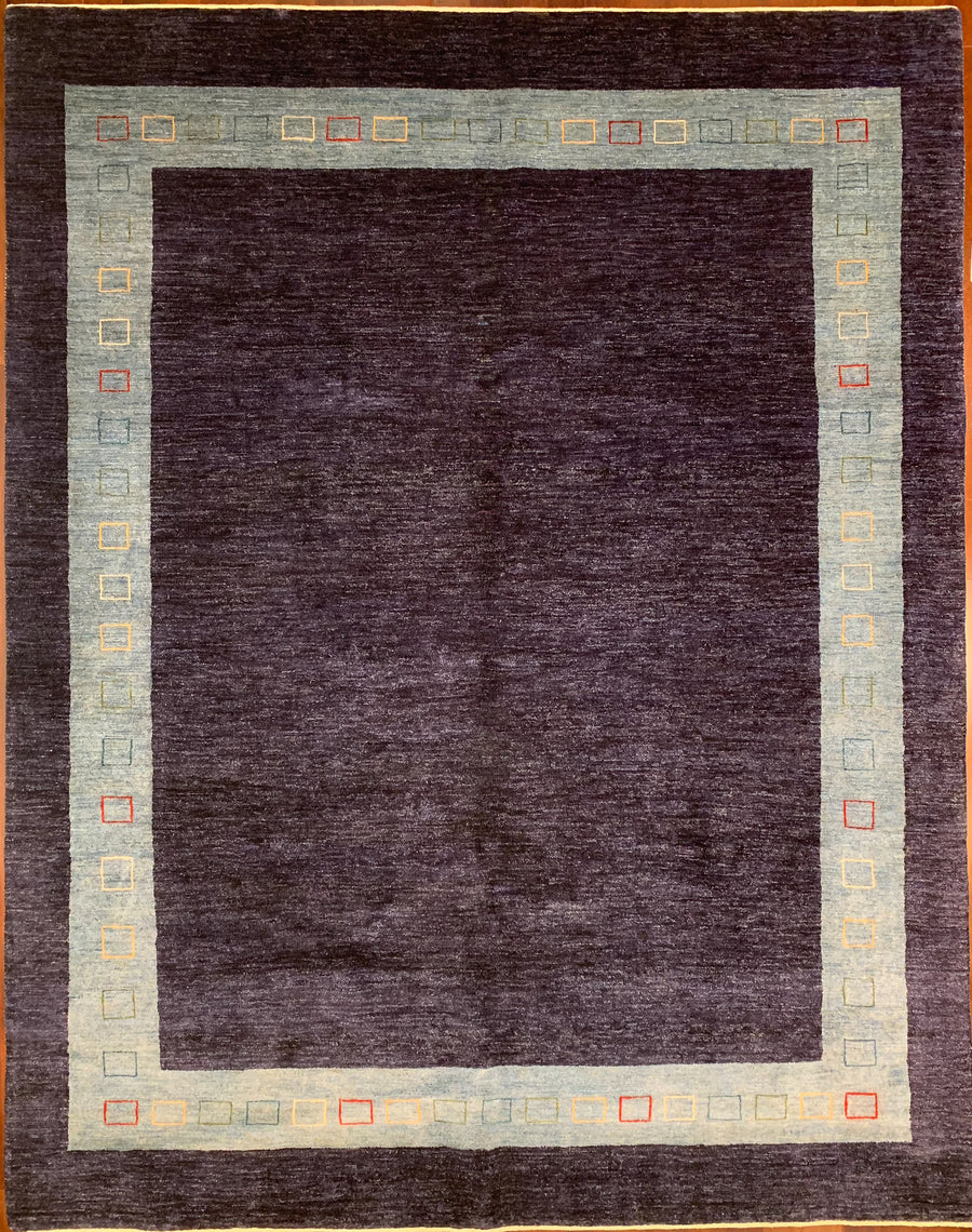 Rich blue Contemporary Gabbeh with lighter blue border. Handwoven in Southern Iran.