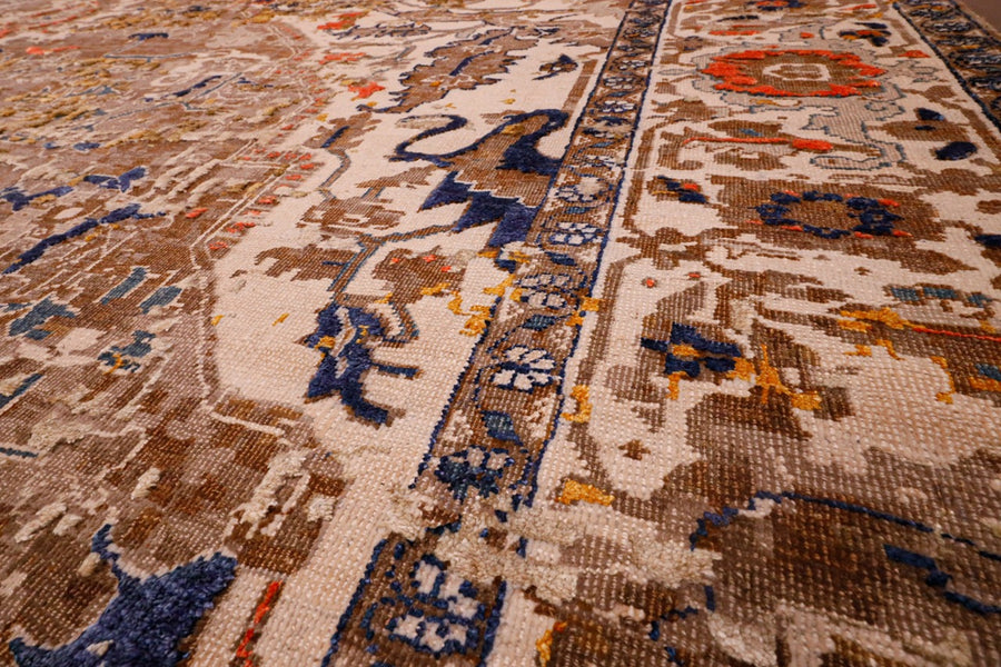 Detail of the Jan Kath Serapi Westminister handmade 9x12 rug. Lower cut wool pile and higher silk elements. 