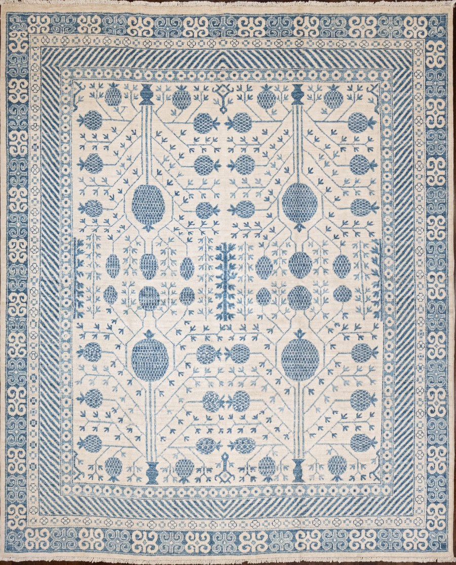 Khotan Style Ivory and Delft Blue 8x10 Rug