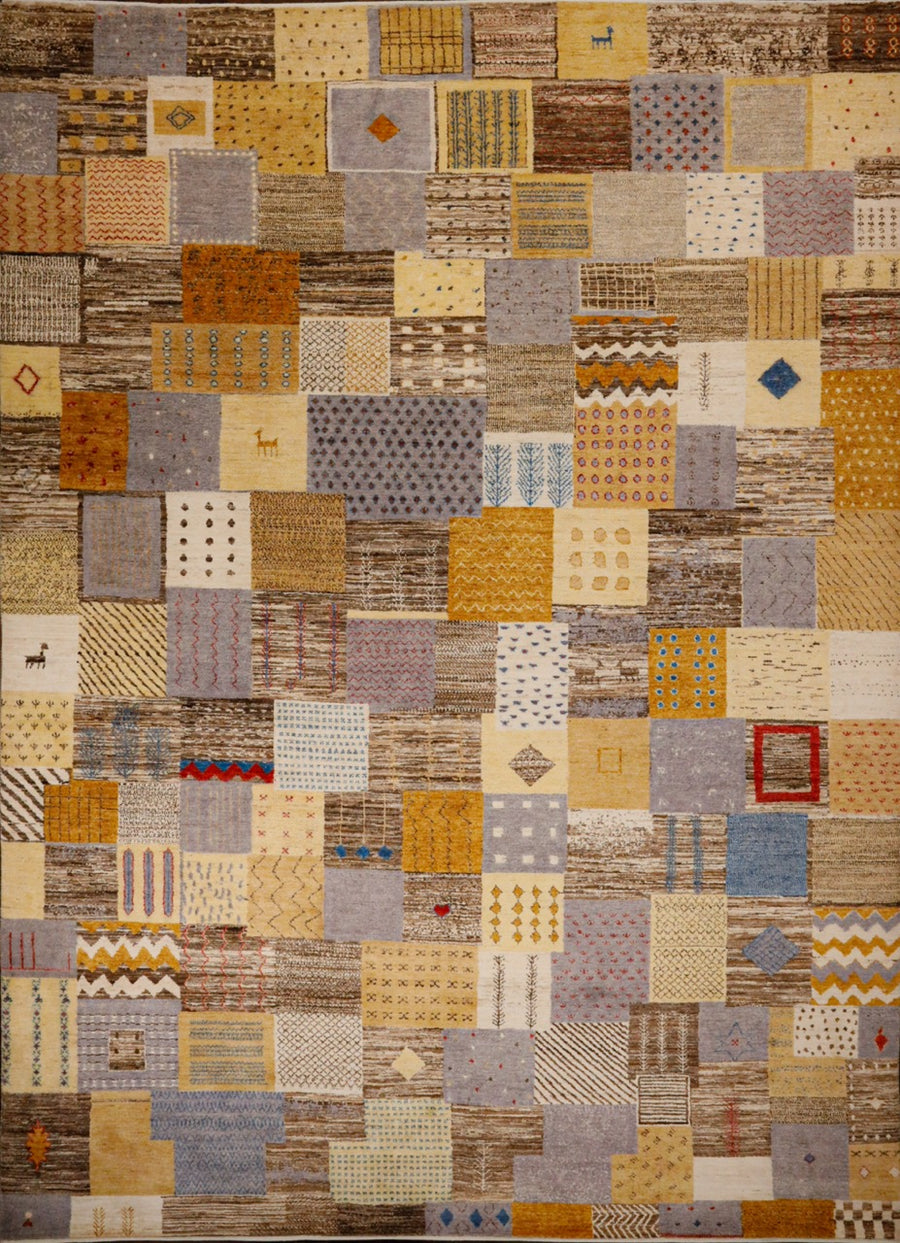 9x12 hand-knotted contemporary Gabbeh area rug with a patchwork style design of squares and rectangles in neutral and natural wool tones. 