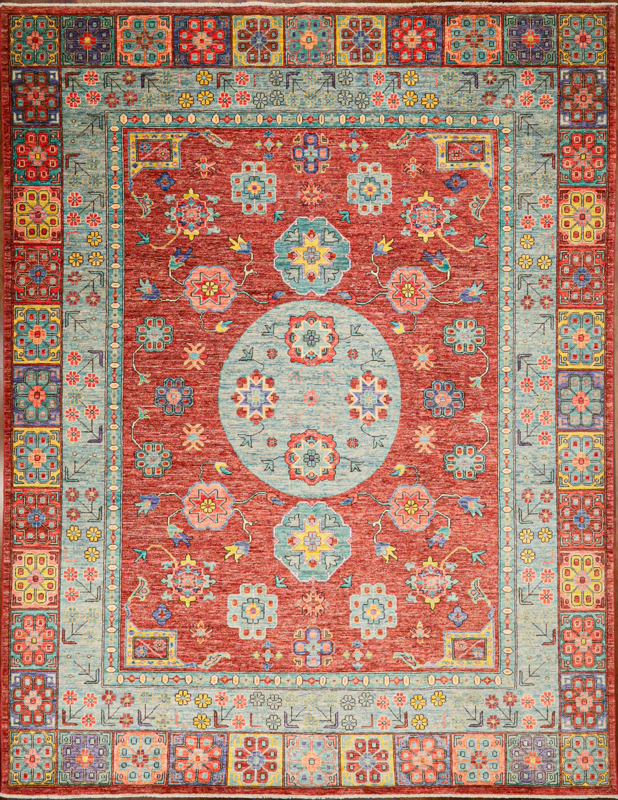Hand-knotted Khoton Style 8x10 Area Rug in Blue, red, yellow, and orange tones. 
