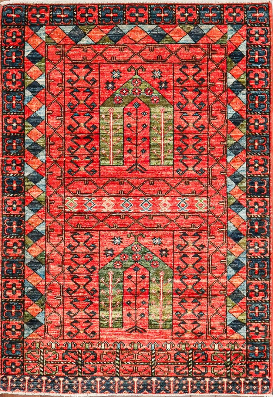 Hand-knotted Rustic Tribal Engsi Patterned 3x5 Rug produced in Pakistan. Woven in red, dark blue, green, and light blue tones.  
