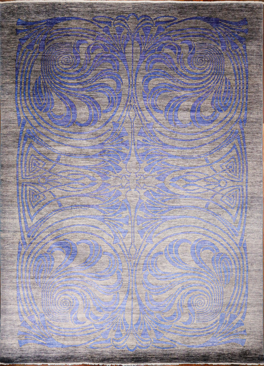 Hand-made wool 9x12 area rug with art nouveau inspired design of curved floral shapes in blue against a darker grey wool background