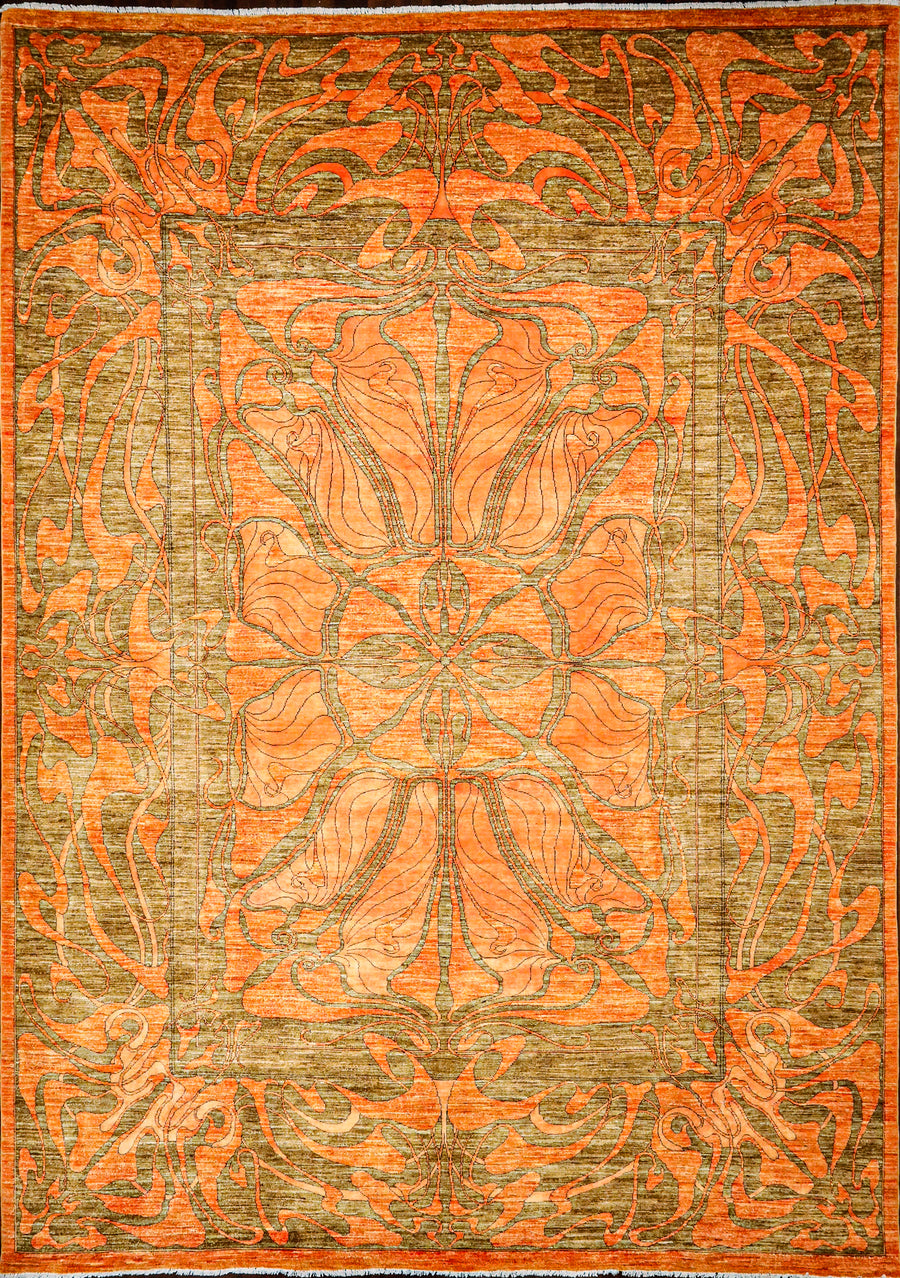 Art Nouveau Style 9x12 Wool Area Rug Handmade In Pakistan and Woven in Orange and Green Tones. 