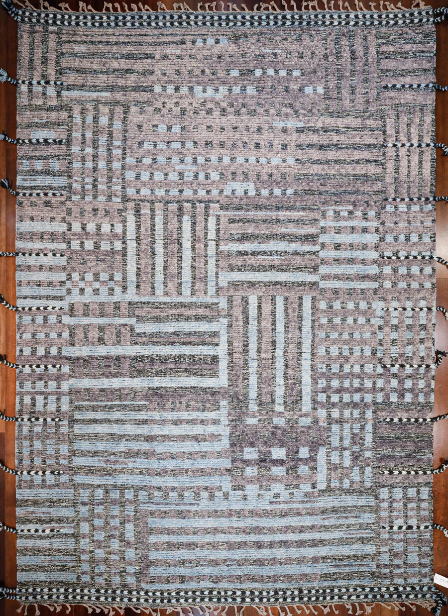 Modern wool moroccan tribal area rug measuring 8x11 with light blue and purple gray pattern. 