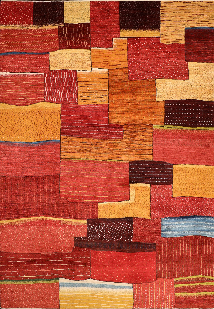 Contemporary Design 6x9 Gabbeh With Reds, Oranges, And Yellow Blocks