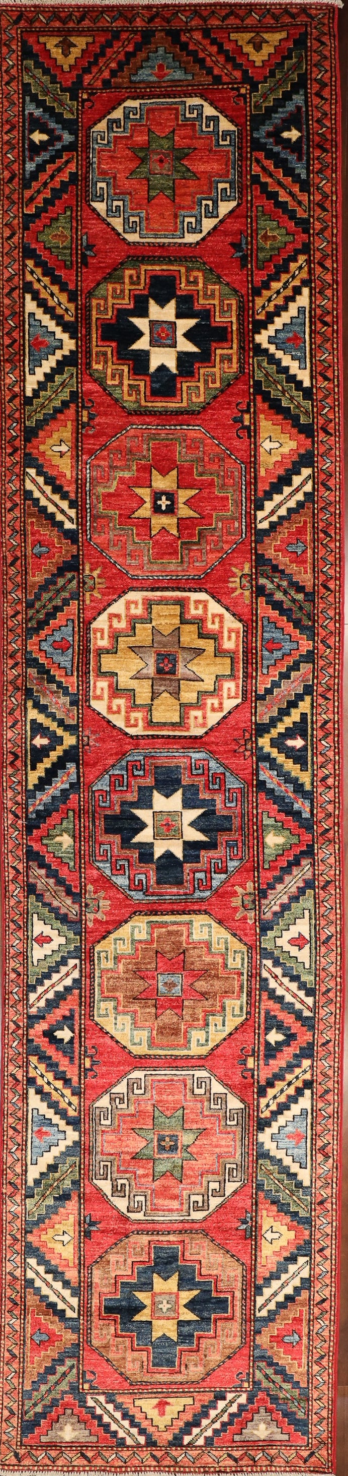 Hand-knotted Wool Tribal Gul Pattern 3x12 Hall Runner Rug