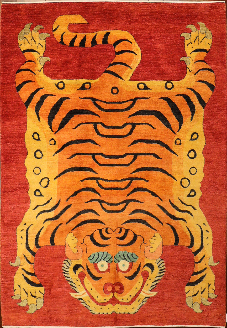 Handmade 5x7 Gabbeh Quality Area Rug With Tiger on Red