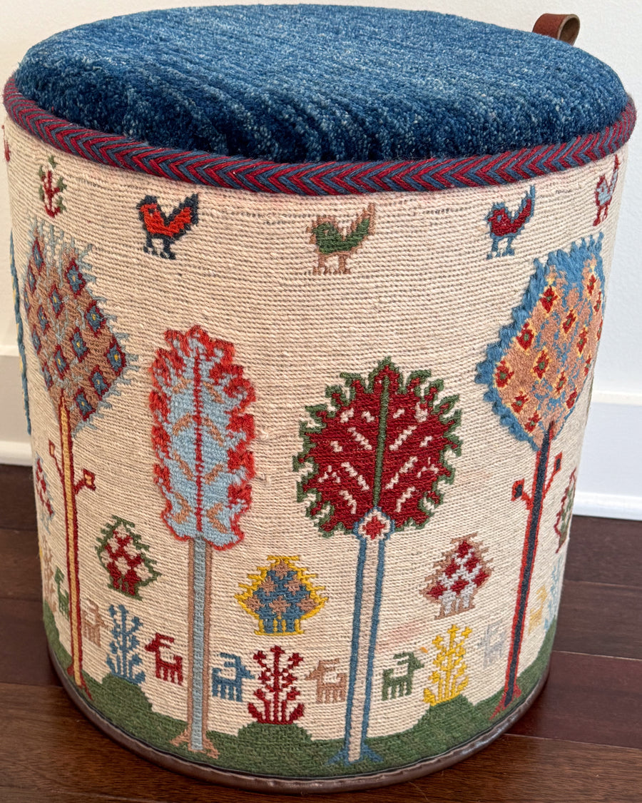 Ottoman Stool With Hand-Woven Sides and Gabbeh Wool Top