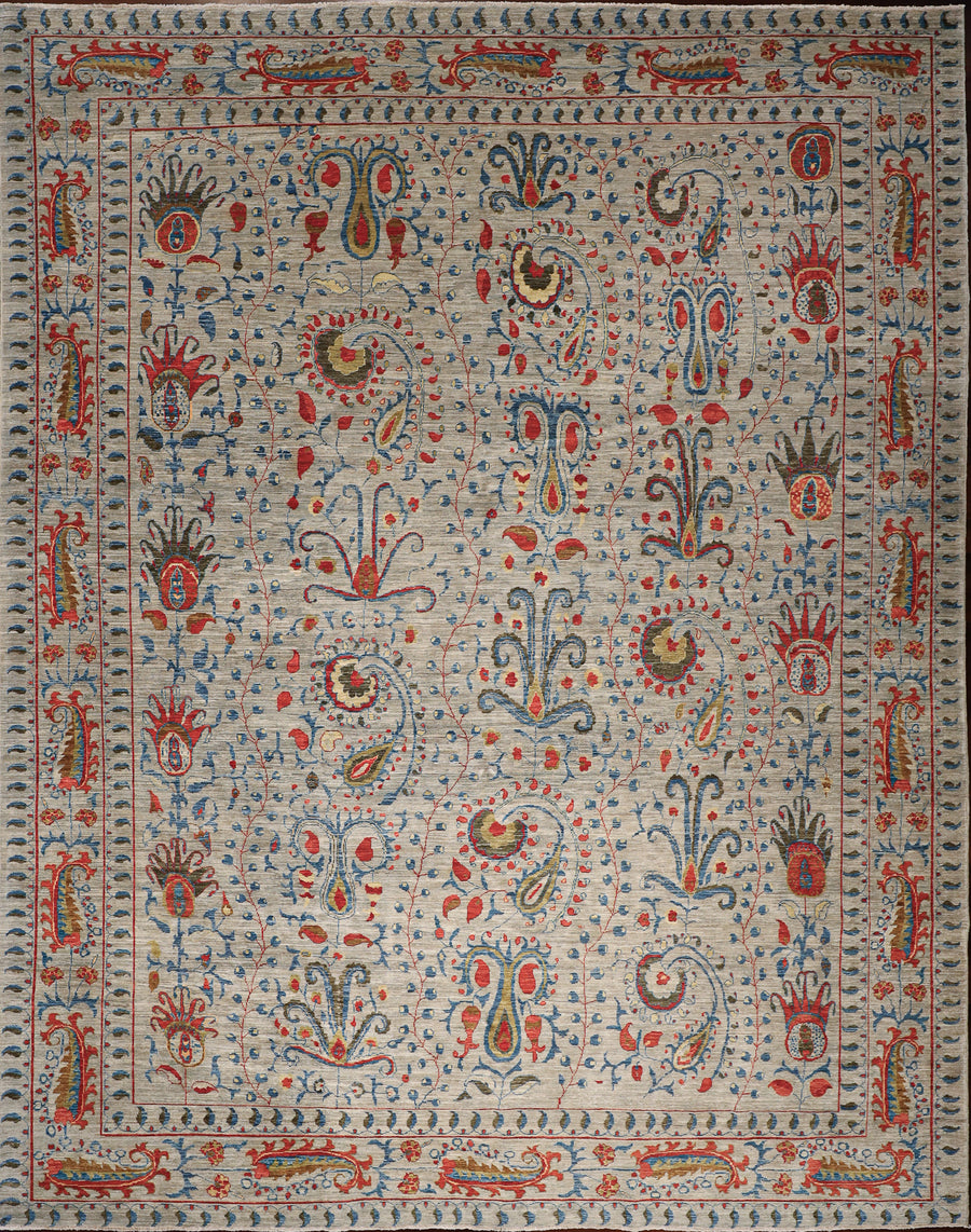 Suzani Pattern in Light Blue Green 9x12 from Wool & Silk Rugs