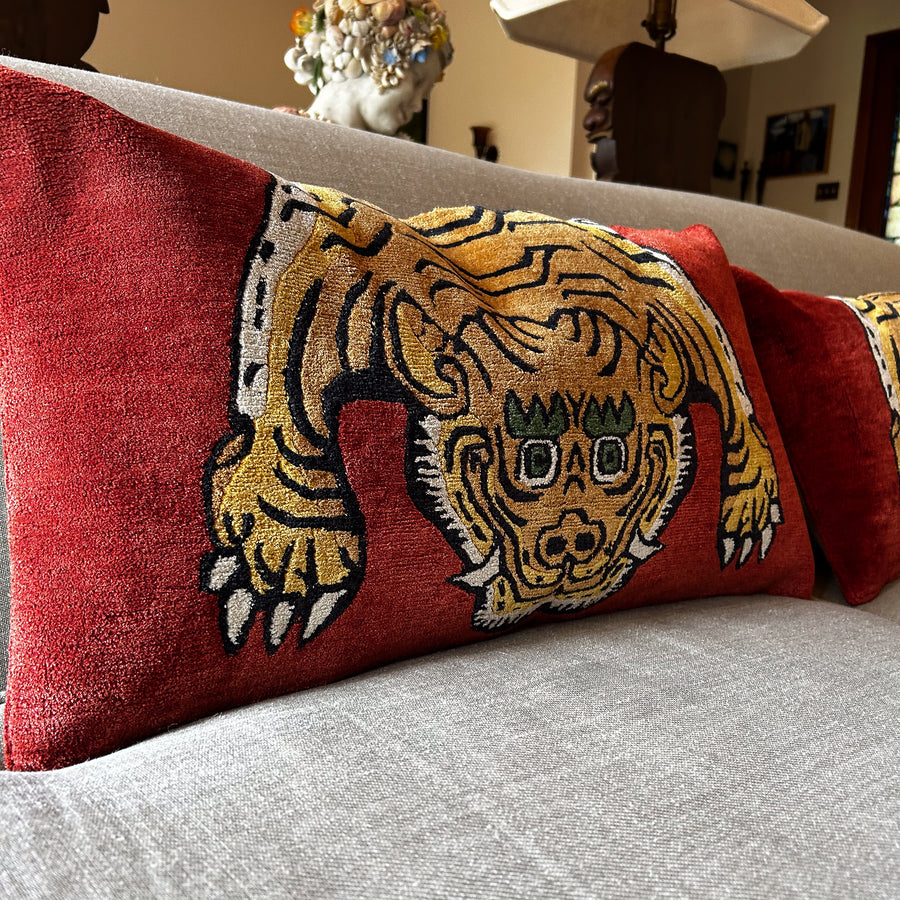 Half Tiger On Red Lumbar Style Pillow