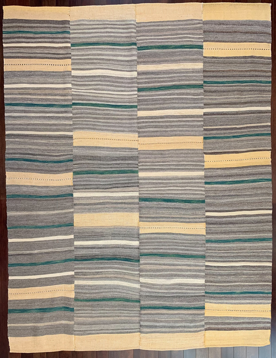 Baneh Kilim with Grey, Green, and Yellow Ochre Stripes