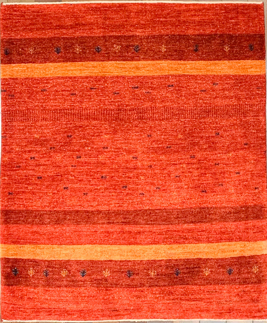 Red and Golden Yellow Tribal Gabbeh With Gold and Black smaller details.