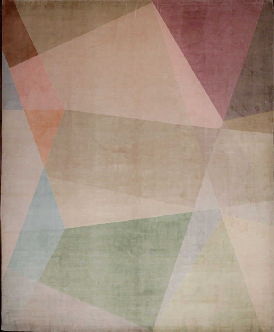 A modern designer 8x10 silk rug with a geometric image of overlapping polygons in pastel colors. 