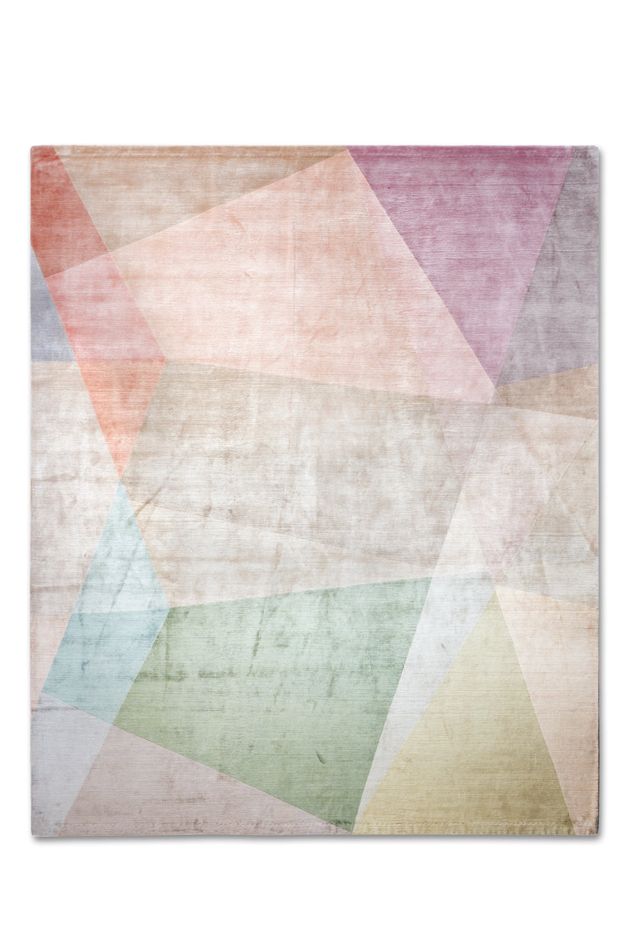 A designer 8x10 handmade silk area rug with a design of overlapping polygons hand-knotted in pastel colors. 