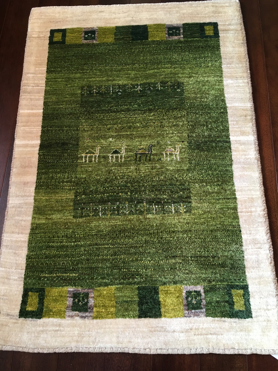 Green and Natural Toned 2x3 Kashkuli Gabbeh