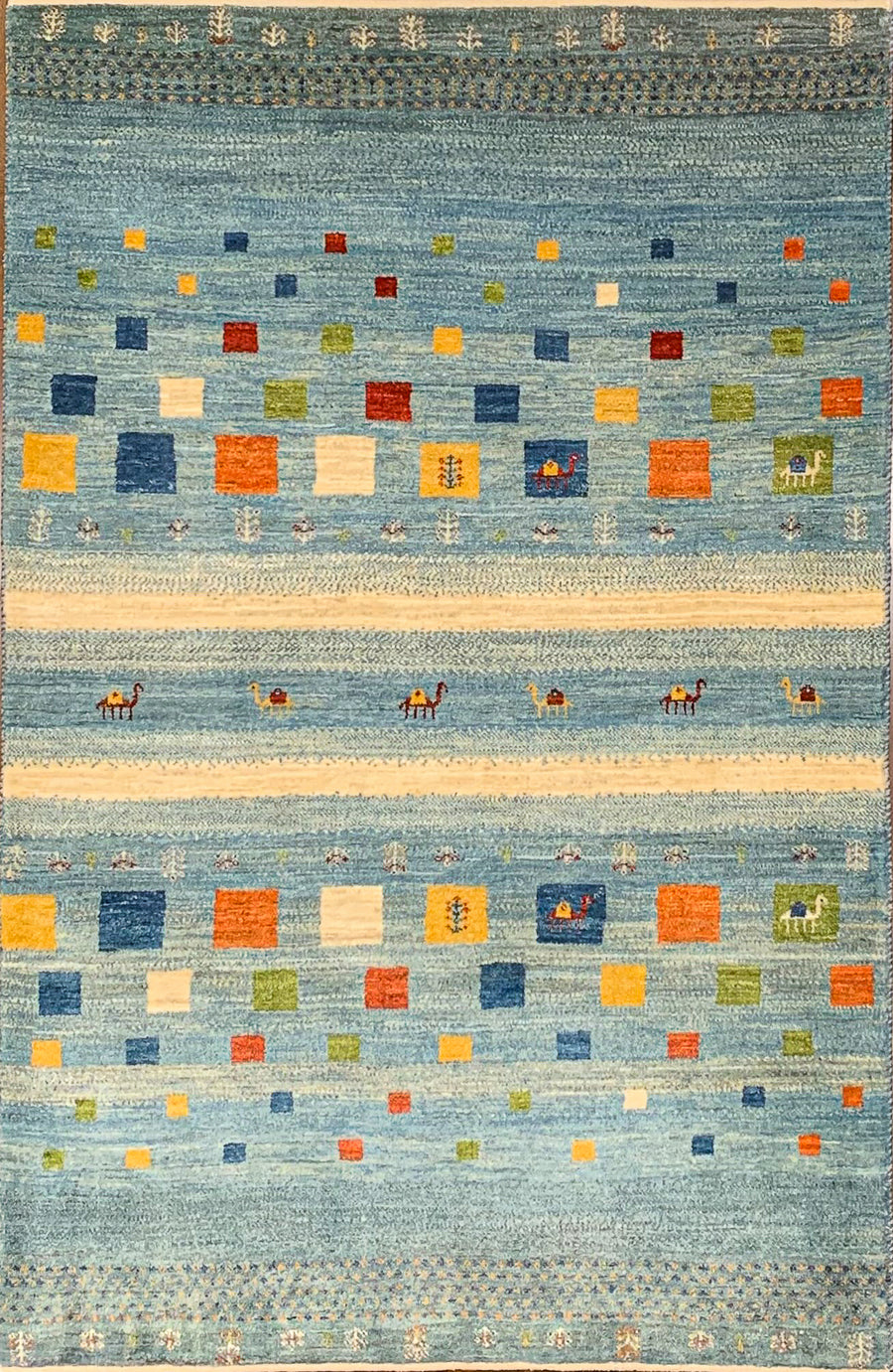 Blue Gabbeh Rug with colorful squares of Orange, blue, red, and Ivory made in Southern Iran.