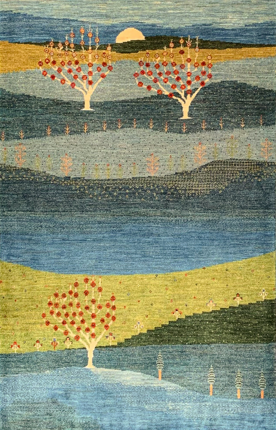 Handmade 3x5 Landscape Gabbeh depicting rolling hills and several pomegranate trees, with a sun setting in the background.