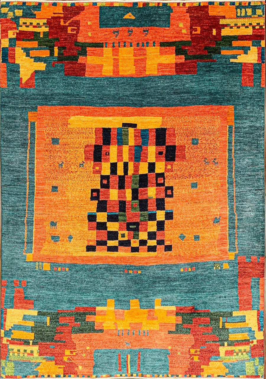 Tribal Abstract Gabbeh Rug with Bright Orange, Blue, and Gold tones.