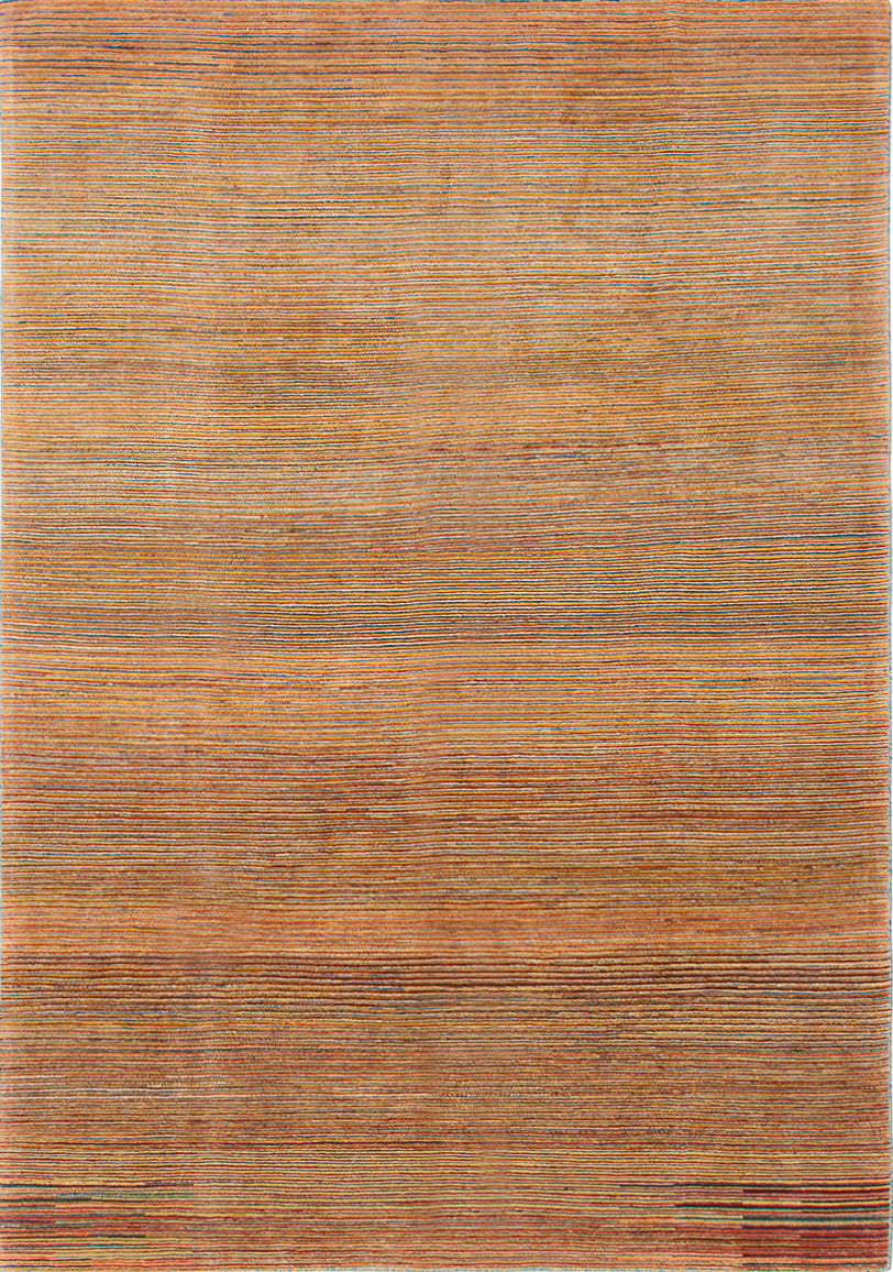 Modern 6x9 Persian Rug Made in the Gabbeh Style with rows of horizontal lines in different warm toned yarns.