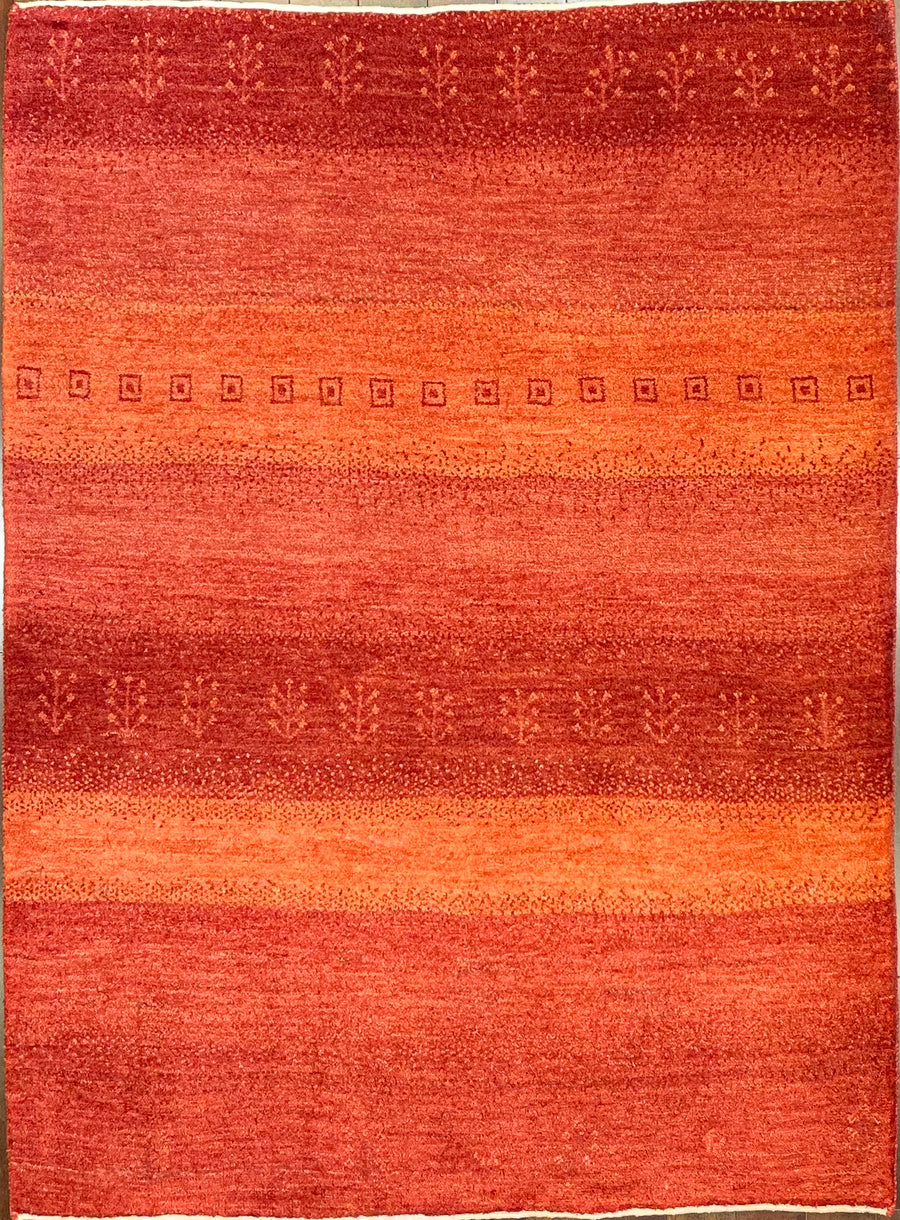 Smaller Tribal Gabbeh Throw Rug Made in Red and Amber Tones.