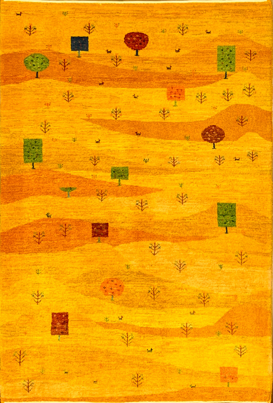 Vivd and Colorful Landscape Gabbeh In Golden Yellow With several Abstract trees in green, red, and orange.