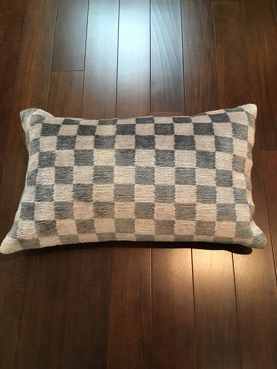 Grey Checkered Design Tibetan Silk Pillow