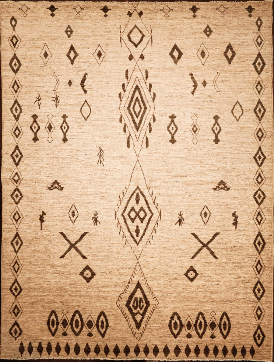 Handmade wool 9x12 moroccan style berber rug in beige with dark brown tribal design 
