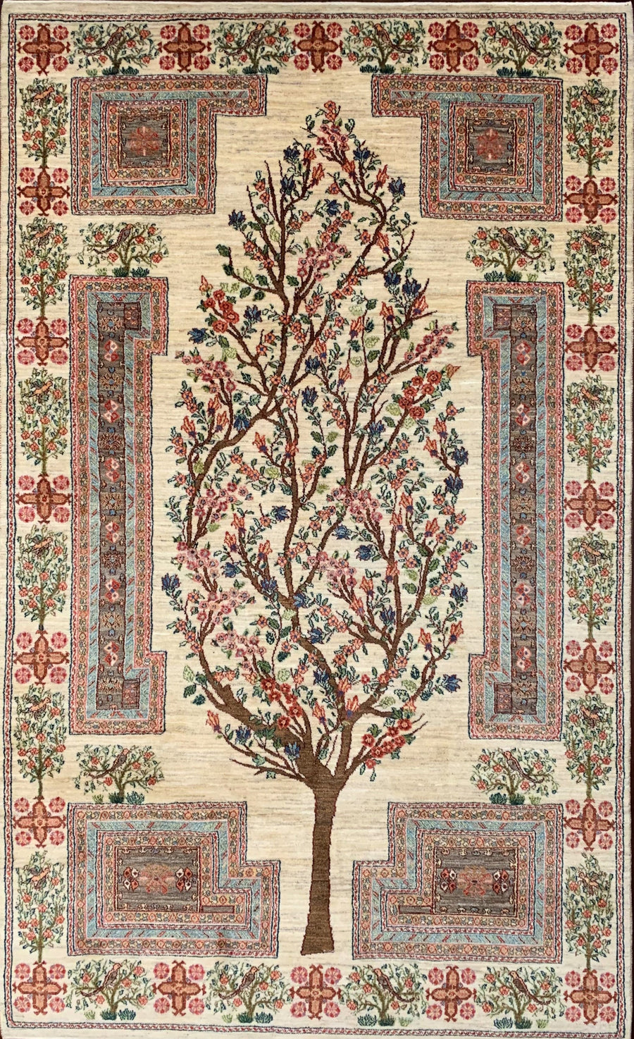Classic Persian Tree of Life Rug in undyed wool and lighter grey and red tones.