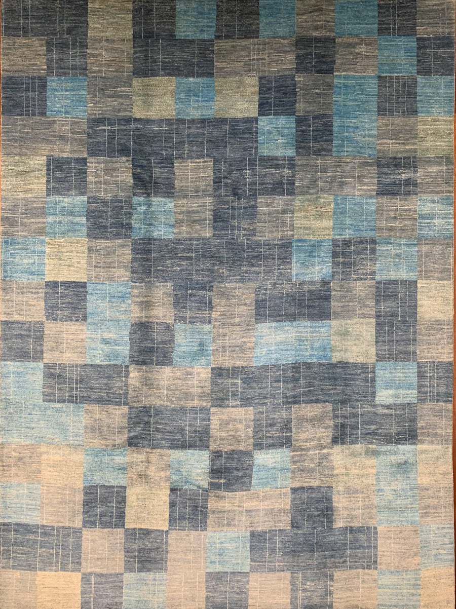Modern large Gabbeh Rug with geometric squares of blues and grays. 