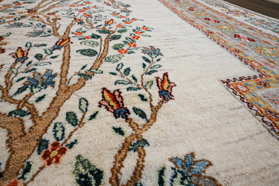 Detail of a handmade Persian Gabbeh type rug knotted by Luri tribal weavers. 