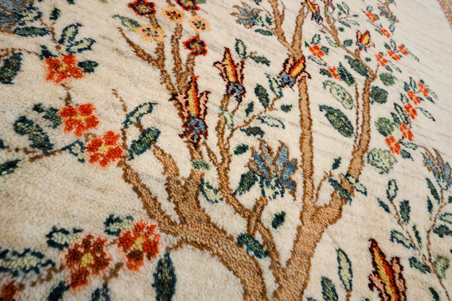 Detail of a handmade Persian Gabbeh type rug knotted by Luri tribal weavers. 