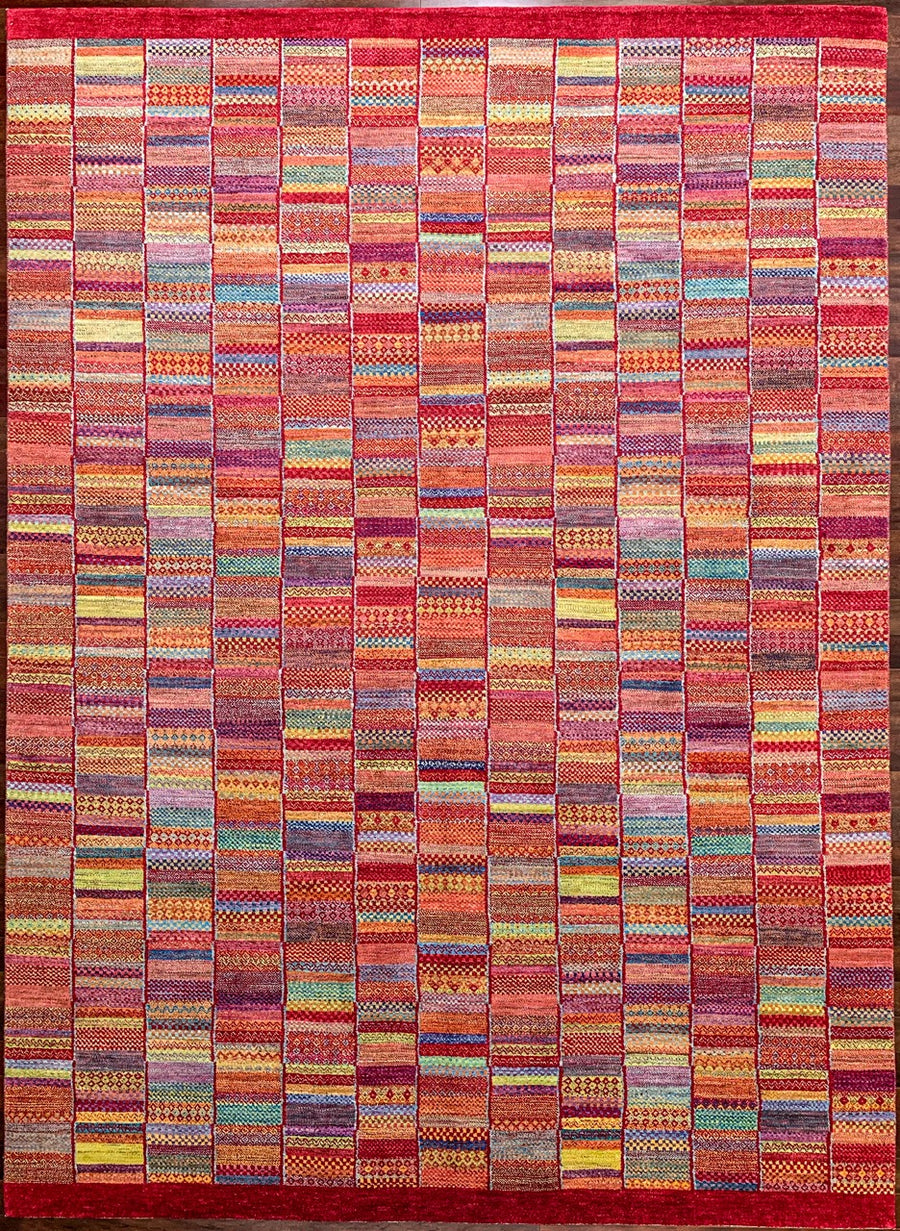 Large Tribal Gabbeh Rug with multicolor bands of colors and patterns running vertically.  