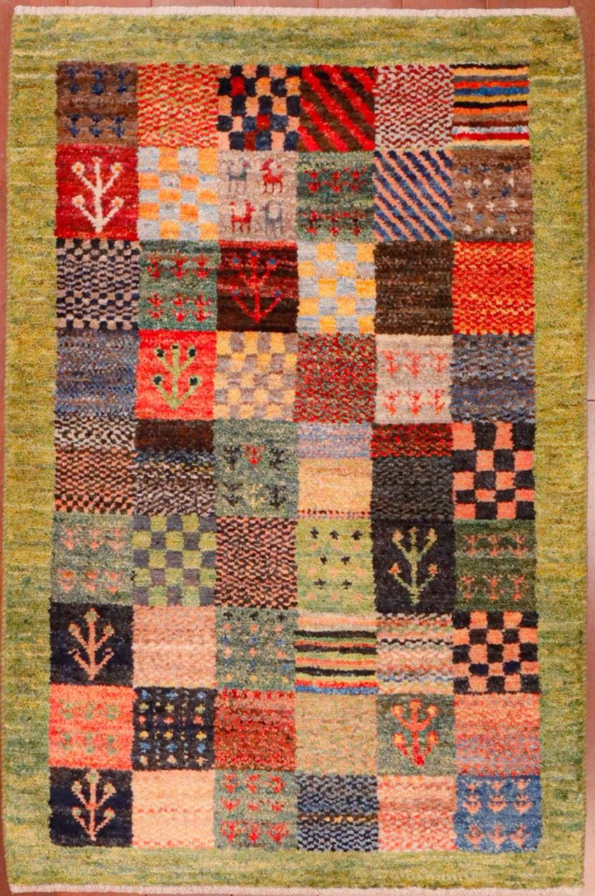 Amaleh Gabbeh 2x3 Rug with Colorful Squares and Green Border