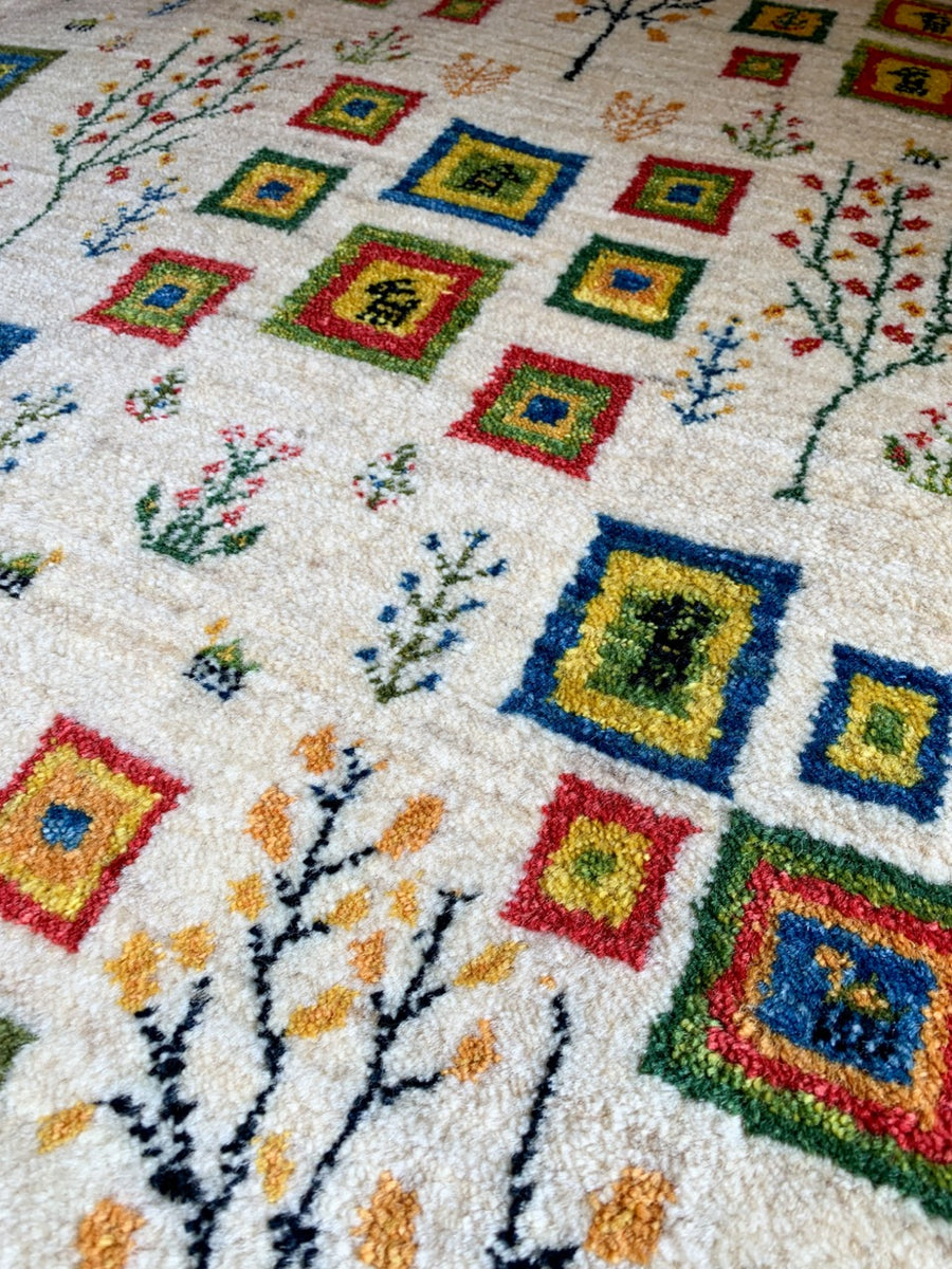 Kashkuli 3x5 Gabbeh with Trees and Colorful Squares in Undyed Wool