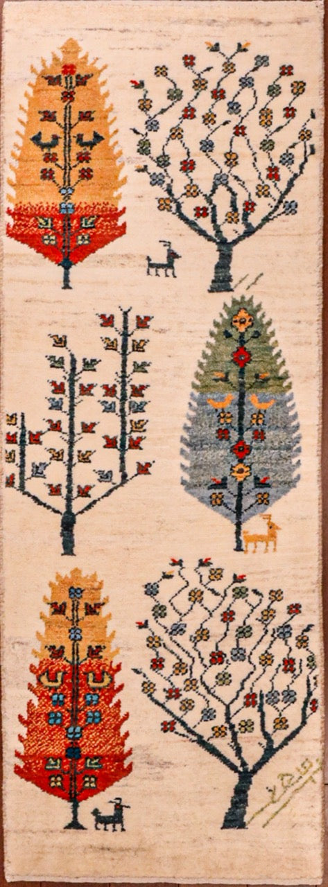 Small Amaleh Gabbeh with Trees and Animals on Undyed Wool