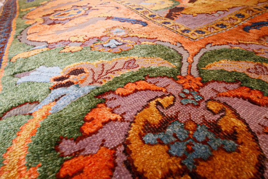 Detail of the 8x10 Jan Kath Polonaise Eastcote rug showing the colorful silk elements. 
