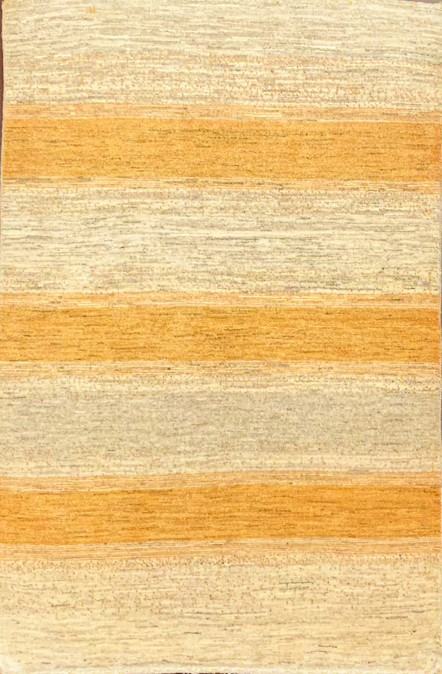 Handmade Tribal 3x5 Gabbeh with broad Golden Yellow Stripes on undyed Naturally toned wool.