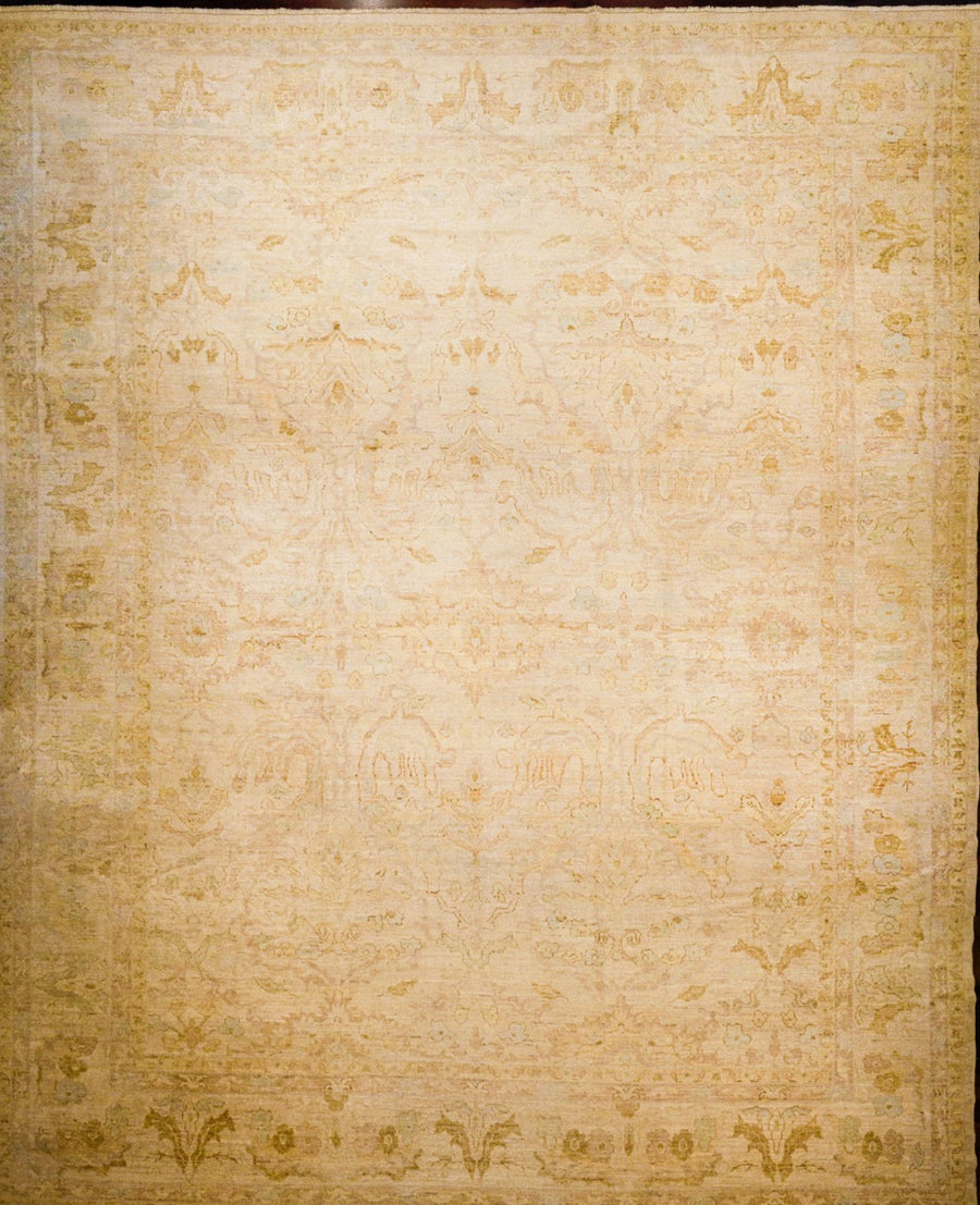 Large 13x16 handmade Ushak Turkish rug knotted in beige, cream, tan, and light blue Angora wool. 
