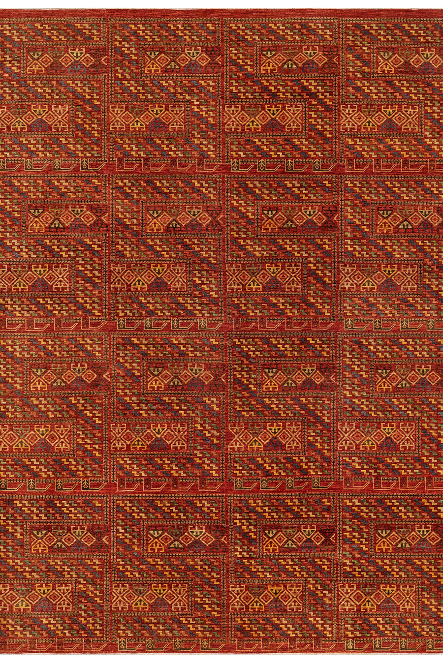 Senneh dragon rug in rust and orange tones