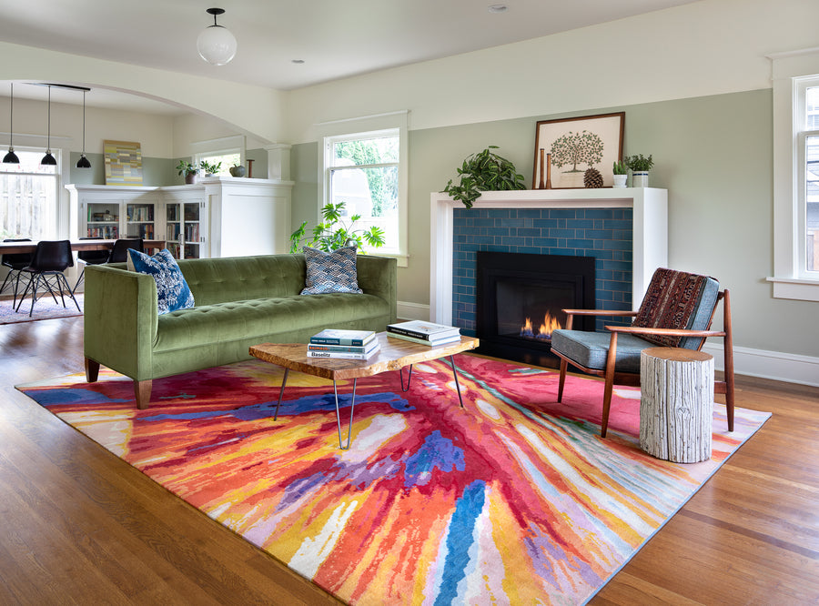 Luri 2.1 An original modern area rug design by Christiane Millinger and Michael Howells in a Portland Oregon Living room. Part of the THIS IS A MILLINGER + HOWELLS RUG Collection