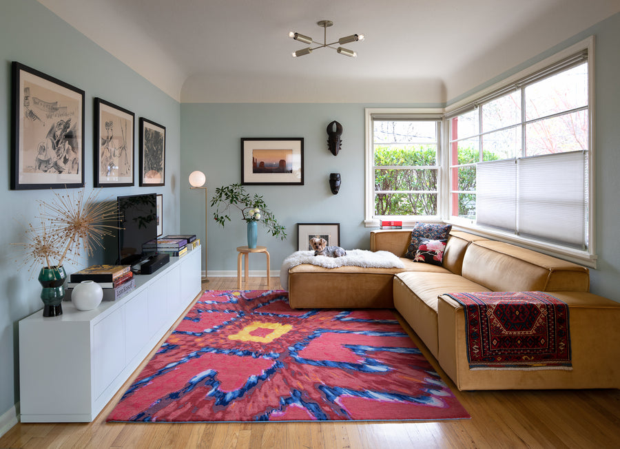 Yastik 2.1 An original modern area rug design by Christiane Millinger and Michael Howells in Portland Oregon in a living room. Part of the THIS IS A MILLINGER + HOWELLS RUG Collection